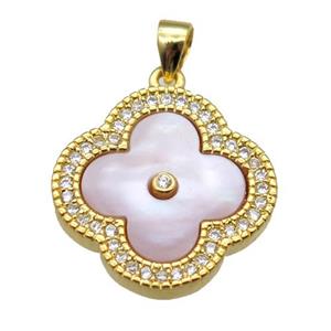 pink Queen Shell clover pendant with copper pave zircon, gold plated, approx 18mm dia