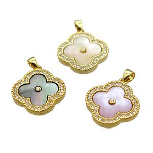 mixed shell clover pendant with copper pave zircon, gold plated, approx 18mm dia