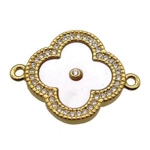white pearlized shell clover connector with copper pave zircon, gold plated, approx 18mm dia