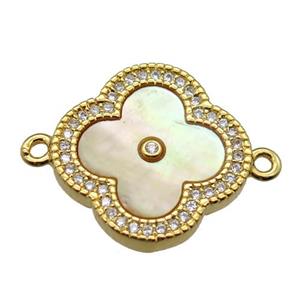 yellow pearlized shell clover connector with copper pave zircon, gold plated, approx 18mm dia