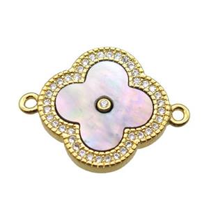pink Queen shell clover connector with copper pave zircon, gold plated, approx 18mm dia