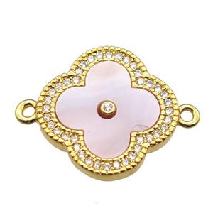 pink Queen shell clover connector with copper pave zircon, gold plated, approx 18mm dia