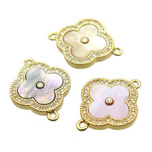 mixed shell clover connector with copper pave zircon, gold plated, approx 18mm dia