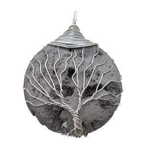 silver Agate Druzy circle pendant wire warpped tree of life, approx 32mm dia