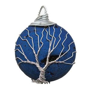 blue Agate Druzy circle pendant wire warpped tree of life, approx 32mm dia
