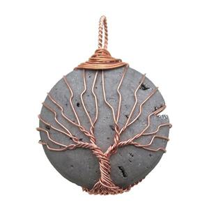silver Agate Druzy circle pendant wire warpped tree of life, approx 32mm dia
