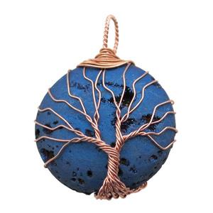 blue electroplated Agate Druzy circle pendant wire warpped tree of life, approx 32mm dia