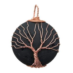 black electroplated Agate Druzy circle pendant wire warpped tree of life, approx 32mm dia