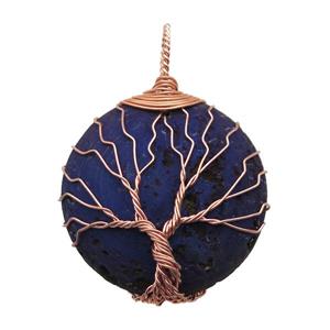 darkpurple Agate Druzy circle pendant wire warpped tree of life, approx 32mm dia