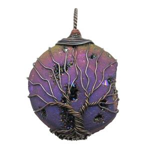 rainbow electroplated Agate Druzy circle pendant wire warpped tree of life, approx 32mm dia
