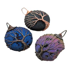 Agate Druzy circle pendant wire warpped tree of life, mixed color, approx 32mm dia
