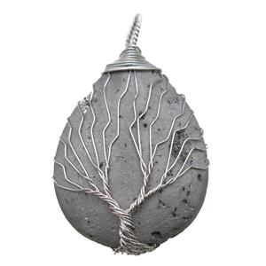 silver plated Agate Druzy teardrop pendant wire warpped tree of life, approx 32-45mm