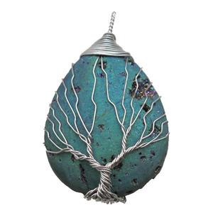 green electroplated Agate Druzy teardrop pendant wire warpped tree of life, approx 32-45mm