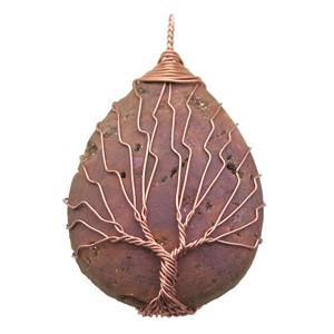 champagne Agate Druzy teardrop pendant wire warpped tree of life, approx 32-45mm