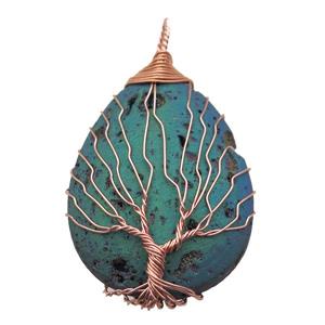 green electroplated Agate Druzy teardrop pendant wire warpped tree of life, approx 32-45mm