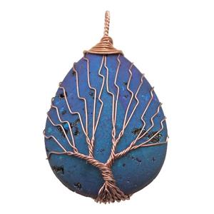 rainbow Agate Druzy teardrop pendant wire warpped tree of life, approx 32-45mm