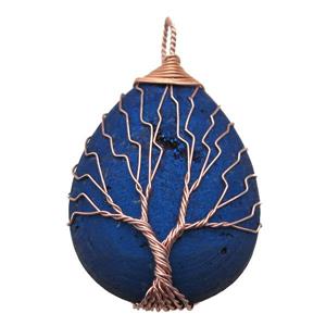 blue electroplated Agate Druzy teardrop pendant wire warpped tree of life, approx 32-45mm
