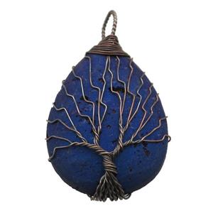 blue Agate Druzy teardrop pendant wire warpped tree of life, approx 32-45mm