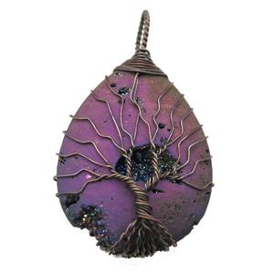 purple Agate Druzy teardrop pendant wire warpped tree of life, approx 32-45mm