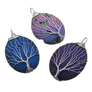 mixed color Agate Druzy oval pendant wire warpped tree of life, approx 32-45mm