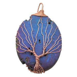 blue Agate Druzy oval pendant wire warpped tree of life, rose gold, approx 32-45mm