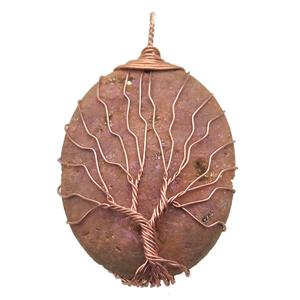champagne Agate Druzy oval pendant wire warpped tree of life, rose gold, approx 32-45mm