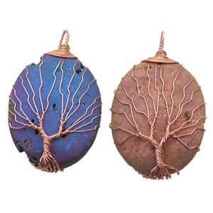 mixed Agate Druzy oval pendant wire warpped tree of life, rose gold, approx 32-45mm