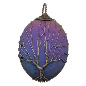 rainbow Agate Druzy oval pendant wire warpped tree of life, approx 32-45mm