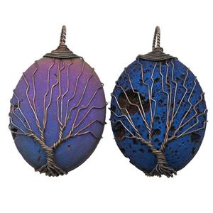mixed Agate Druzy oval pendant wire warpped tree of life, approx 32-45mm