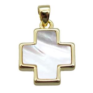white Pearlized Shell cross pendant, gold plated, approx 13x13mm