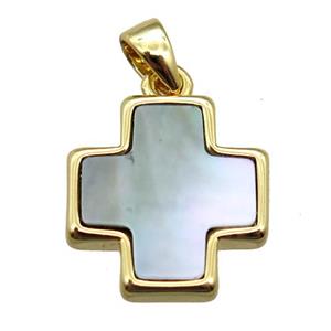gray abalone shell cross pendant, gold plated, approx 13x13mm