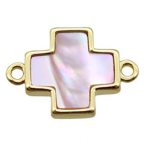 pink queen shell cross connector, gold plated, approx 13x13mm