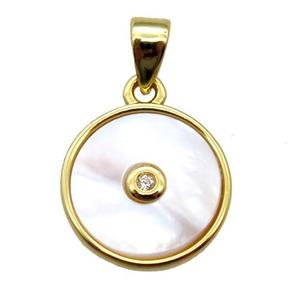 white Pearlized Shell circle pendant, gold plated, approx 12mm dia