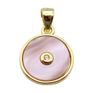 pink queen shell circle pendant, gold plated, approx 12mm dia