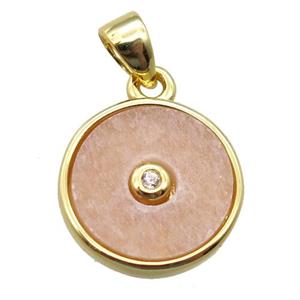 peach sunstone circle pendant, gold plated, approx 12mm dia