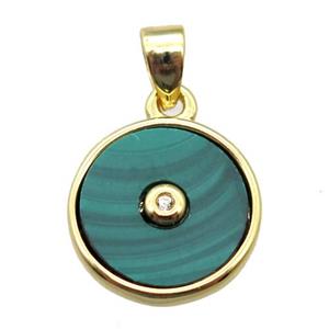 green Malachite circle pendant, gold plated, approx 12mm dia