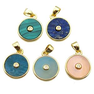 mixed Gemstone circle pendant, gold plated, approx 12mm dia