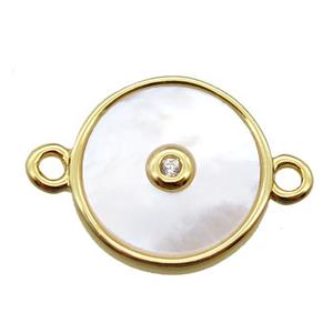 white Pearlized Shell circle connector, gold plated, approx 12mm dia