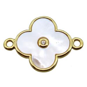 white Pearlized Shell clover connector, gold plated, approx 14mm dia