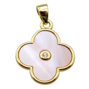 pink Queen Shell clover pendant, gold plated, approx 14mm dia