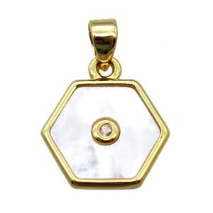white Pearlized Shell hexagon pendant, gold plated, approx 12mm dia
