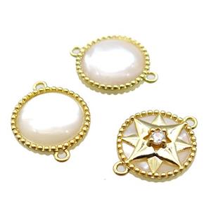 white Pearlized Shell coin round connector, gold plated, approx 14mm dia
