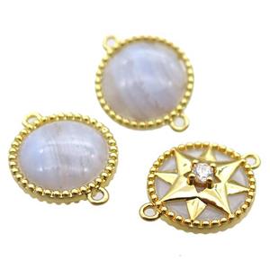 blue lace agate circle connector, gold plated, approx 14mm dia