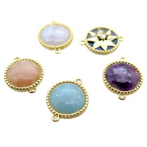 mix Gemstone coin circle connector, gold plated, approx 14mm dia