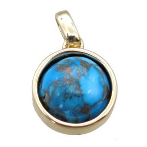 blue Turquoise pendant, circle, gold plated, approx 12mm dia