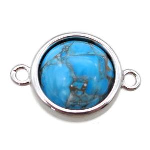 blue Turquoise connector, circle, platinum plated, approx 12mm dia