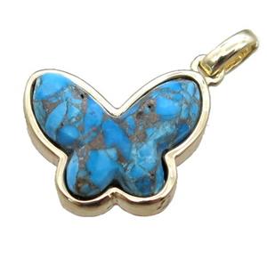 blue Turquoise pendant, butterfly, gold plated, approx 13-16mm