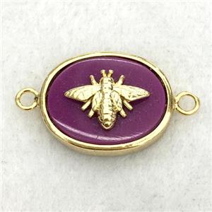 purple jade oval connector with honeybee, approx 14-18mm