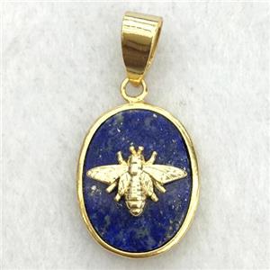 blue Lapis oval pendant with honeybee, approx 14-18mm