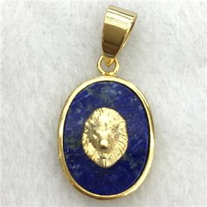 blue lapis oval pendant with lionhead, approx 14-18mm